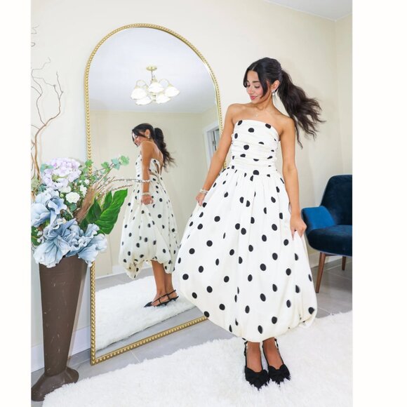 Retro Polka Dot Bubble Midi Dress Convertible Straps in Cream Black Size S - Picture 2 of 12